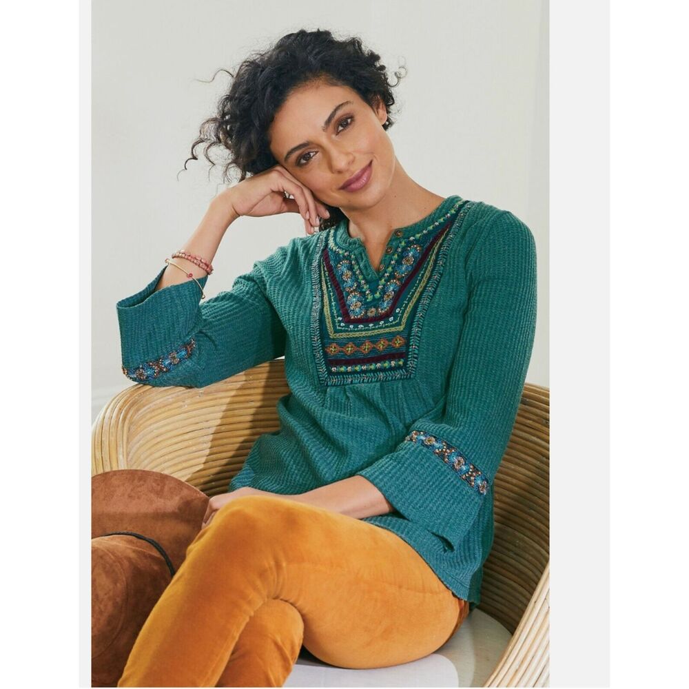 NWT SOFT SURROUNDINGS Women's Gabriel Top Pine Grove Green Embroidered Blouse XS